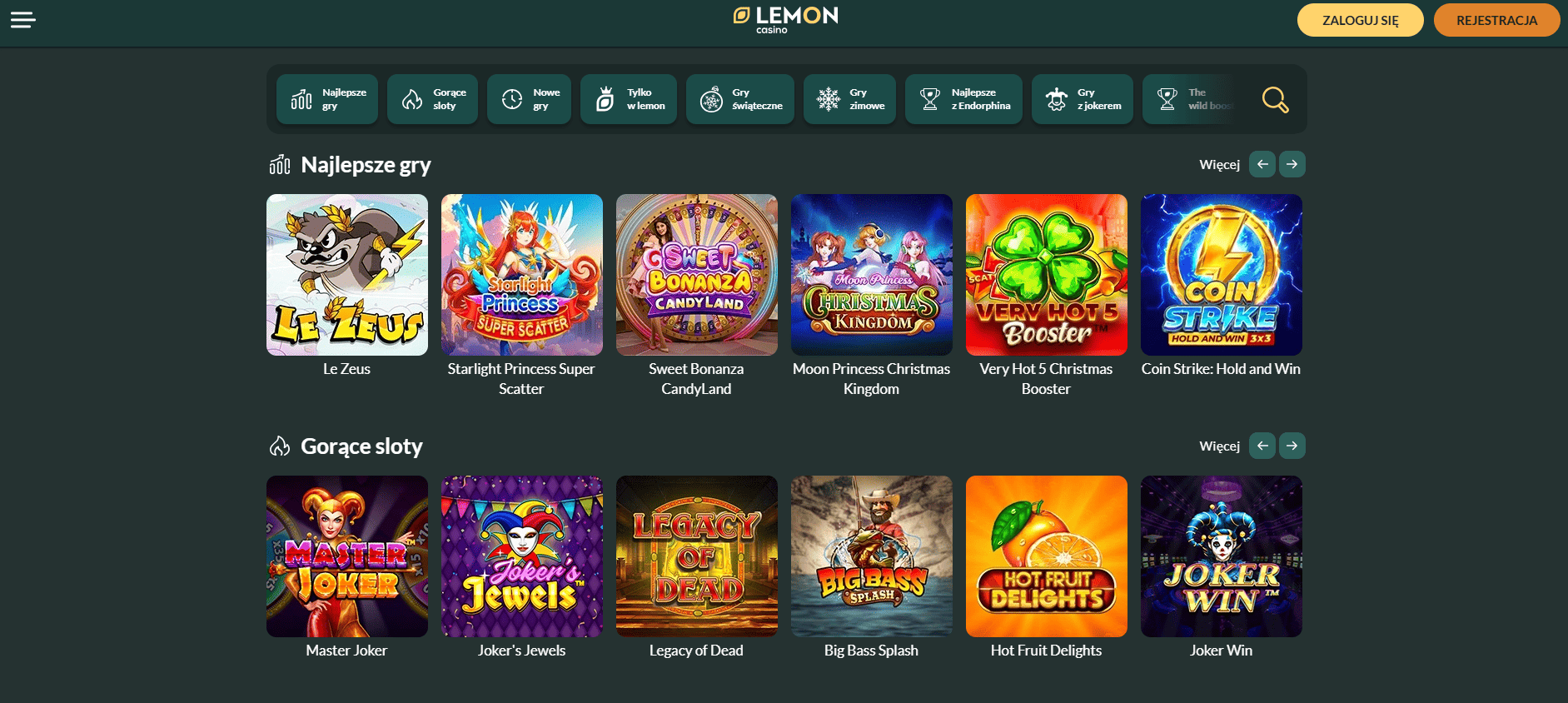 Kategorie gier dostępne w Lemon Casino online